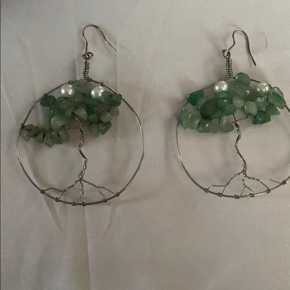 Hand wrap tree of life jade and pearl earrings